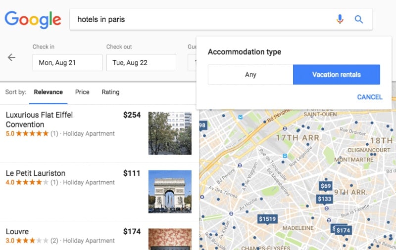 Google otel arama sonuçlarıyla birlikte kiralık seçenekleri de gösterecek